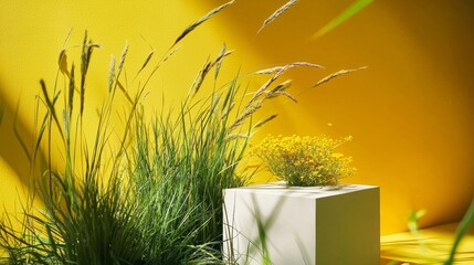 Modern abstract still life with green plants and cubes