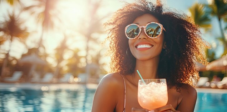 During a tropical vacation, a beautiful young black woman relaxes with a cocktail in the swimming pool. The palm tree overhead creates a serene shadow on the pool water of an exotic resort on a