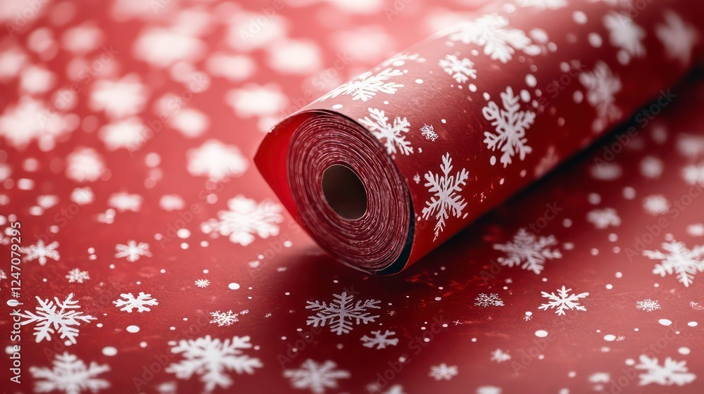 Poster a roll of red wrapping paper adorned with snowflakes.