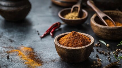 Spices and chili on a rustic dark background