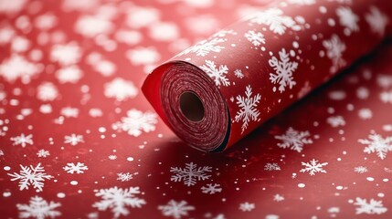 A roll of red wrapping paper adorned with snowflakes.