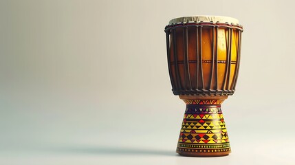 A vibrant djembe with bold carvings and glowing patterns, displayed on a pristine white background.