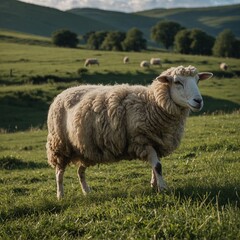 Fototapeta premium A sunlit pasture with grazing sheep and wildflowers. Large sheep with thick, cream-colored fleece stands in grassy field. Sheep has serene expression, looks directly at viewer. Background blurred, 