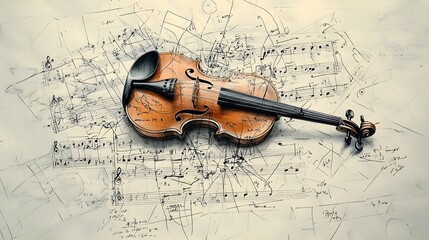 Fototapeta premium Shaded pencil drawing depicting a violin resting on a musical sheet showcasing the intricate details and textures of the instrument against the backdrop of musical notes and composition