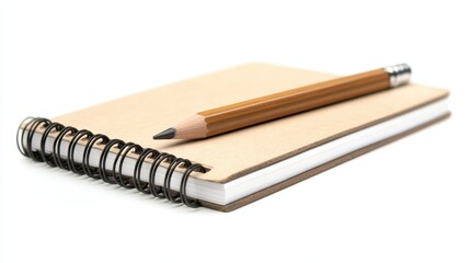 Minimalistic isolated shot of a wooden pencil and a spiral notebook on a white background, ideal for office supplies or educational products.