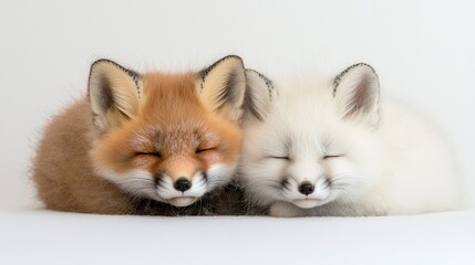 Obraz premium Two fox kits cuddling, sleeping, studio shot, white background, wildlife, pet