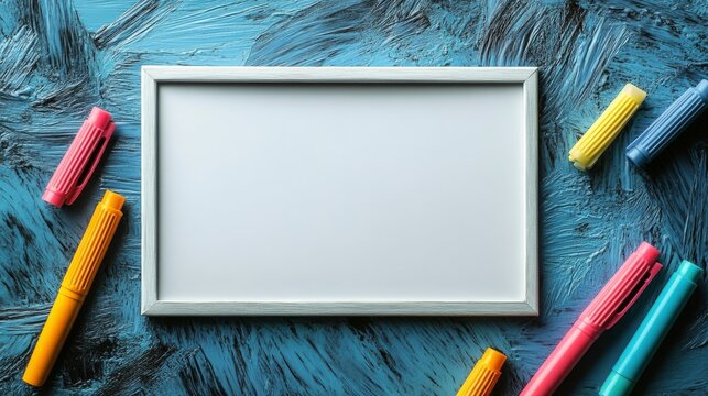 Colorful markers surround a blank picture frame on a vibrant blue surface