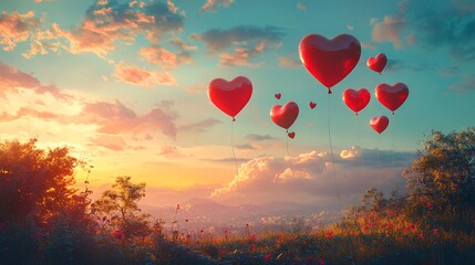 Fototapeta premium The image shows heart-shaped balloons floating in a colorful sky at sunset, creating a romantic and whimsical atmosphere.