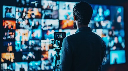 Fototapeta premium Man watching multiple streaming screens in a dark room