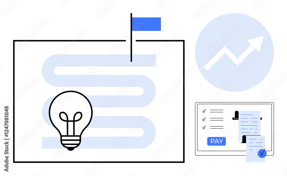 Poster light bulb symbolizing ideas on winding path to success, digital screen with payment option, upward 