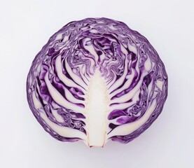 Obraz premium Red Cabbage Cross Section: A vibrant, halved red cabbage reveals its intricate, swirling pattern of deep purple and white veins, creating a visually stunning and texturally rich image. 