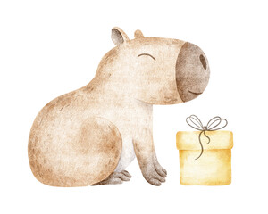 Capybara and yellow gift box. Celebrates Birthday concepts featuring fluffy rodent. Hand drawn watercolor illustration of guinea pig for birthday cards, posters and product packaging.