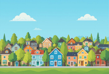 Naklejka premium A neighborhood features colorful houses surrounded by greenery.