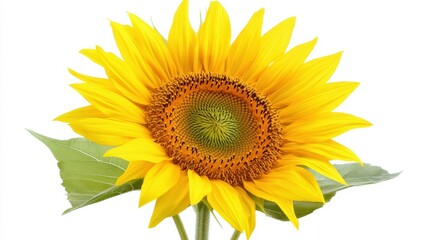 Fototapeta premium Isolated image of a bright yellow sunflower on a white background, ideal for floral or wellness product advertising.