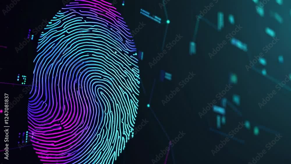 Aufkleber Glowing neon fingerprint rotating slowly against a dark background with digital data streams, symbolizing biometric identification, security, and access control in a futuristic setting