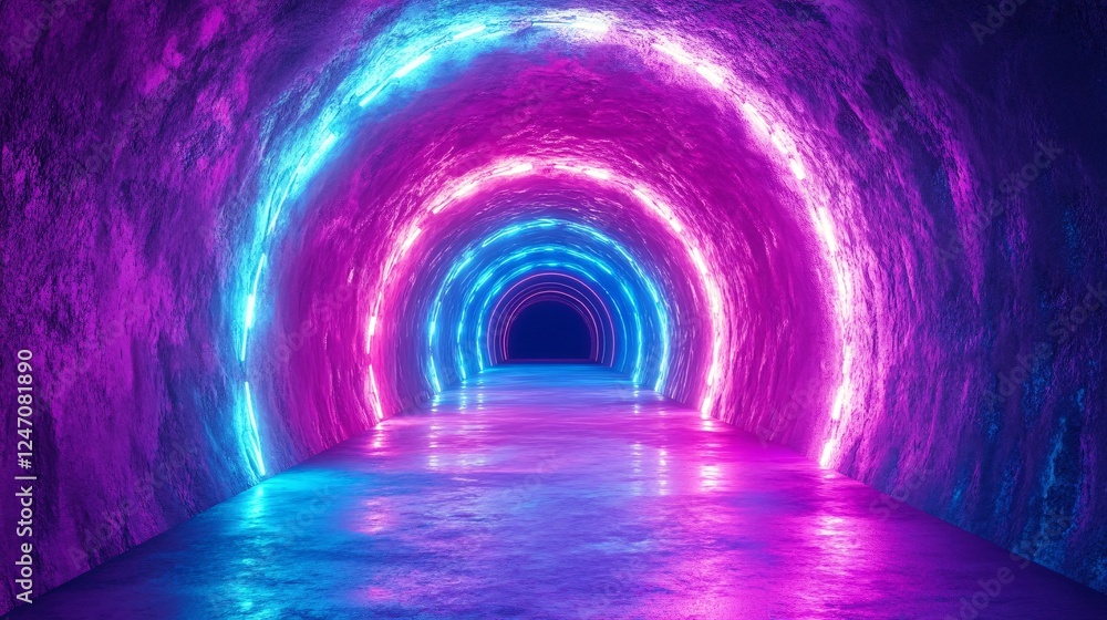 Poster a vibrant tunnel illuminated with neon blue and pink lights, creating a mesmerizing visual effect al