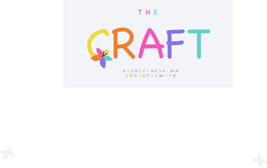 Playful handdrawing alphabet, vibrant colorful letters, fun craft font with cheerful butterfly icon for kid holidays branding, educational design, colouring book headline, children creative