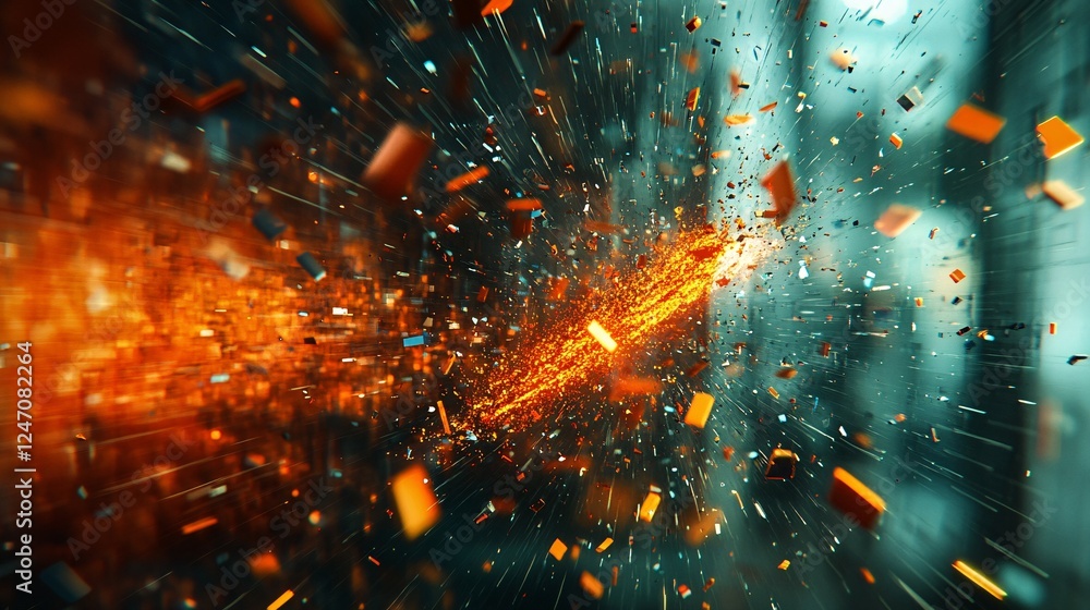 Poster a dynamic explosion of orange sparks and particles against a cool, blurred background, creating a vi