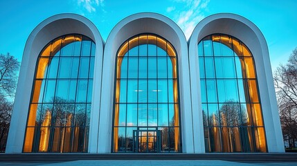 Obraz premium Modern architectural structure with large glass arches and warm lighting.