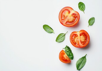 Tomato and Basil: A fresh and vibrant composition featuring ripe tomato slices and vibrant green basil leaves, arranged on a clean, white surface. Perfect for culinary themes, healthy living.