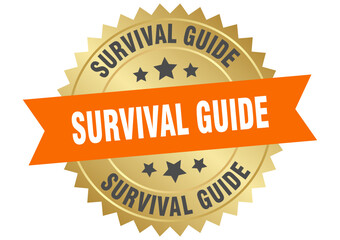 survival guide. survival guide round orange and gold label isolated on transparent background