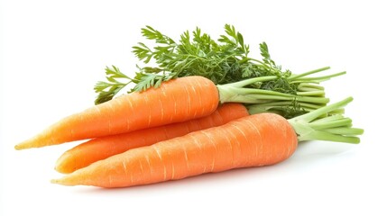 Close-up isolated shot of a bunch of fresh carrots placed on a white background. Ideal for promoting organic food or healthy cooking.
