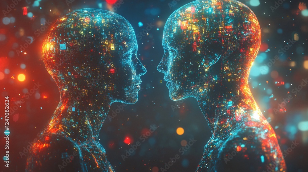 Poster two interconnected humanoid figures face each other, illuminated by vibrant colors and patterns, rep
