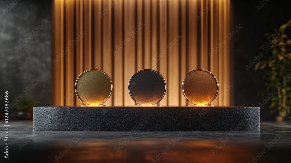 Aufkleber a modern display featuring three circular objects illuminated against a backdrop of soft, warm light