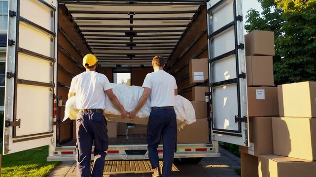 Professional movers carefully lifting large mattress while loading delivery truck, showcasing coordinated teamwork during residential relocation process with precise, synchronized movements