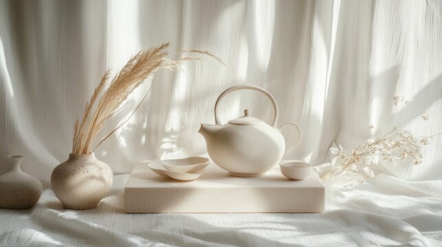 Minimalist tea ceremony setup with neutral tones
