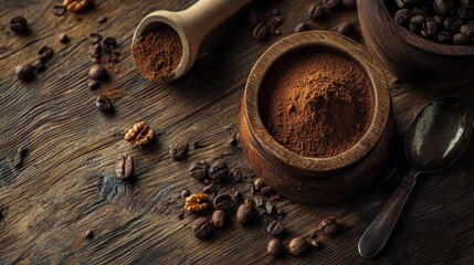 Rustic coffee setup with vintage wooden bowls and spices