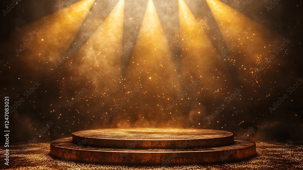 Aufkleber a round stage illuminated by golden lights, surrounded by sparkling particles, creating a magical an