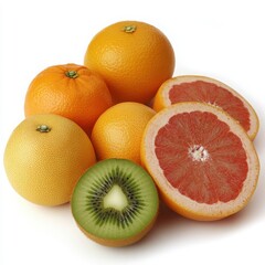 Citrus Burst: A vibrant mix of oranges, grapefruits, and a kiwi, showcasing the juicy textures and bright colors of fresh citrus fruits.
