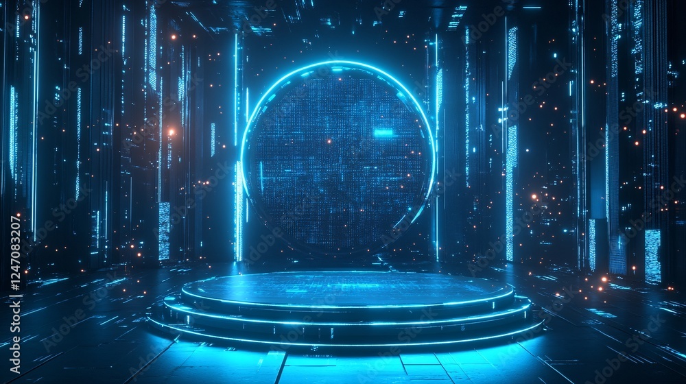 Poster a futuristic, illuminated stage with a circular neon design, surrounded by glowing particles, creati