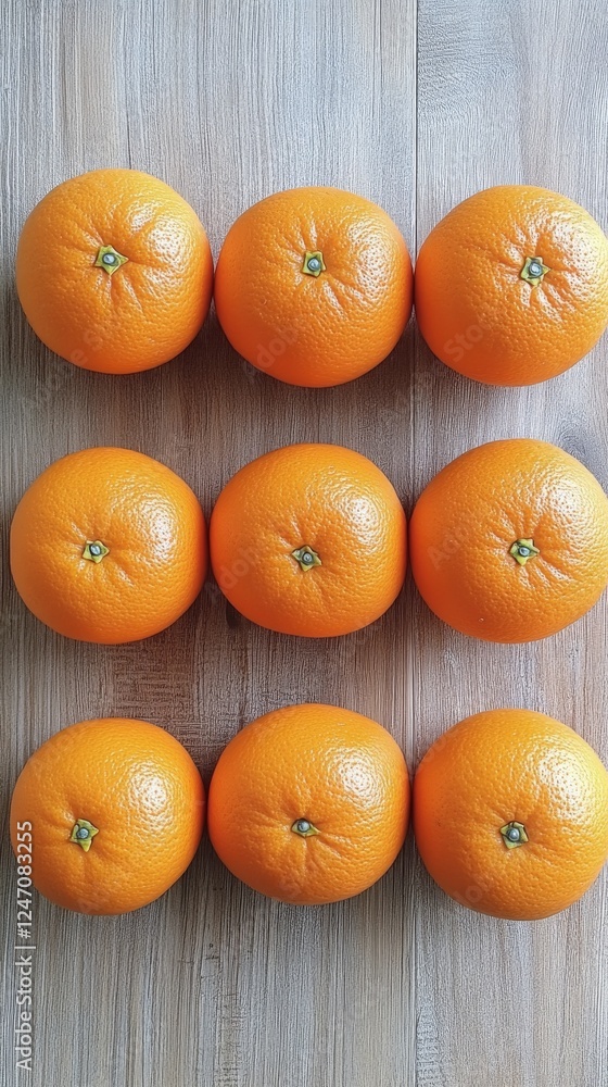 Poster fresh oranges arranged neatly with green leaves on a light background for a vibrant display