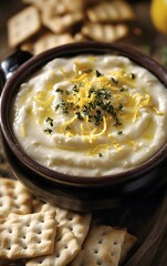 A creamy lemon goat cheese dip, served in a small bowl, garnished with fresh lemon zest and chopped herbs, surrounded by crackers