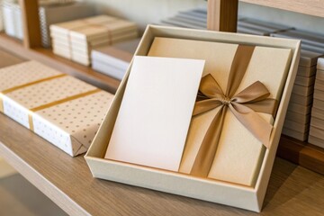 Gift box with ribbon and blank card on a wooden shelf