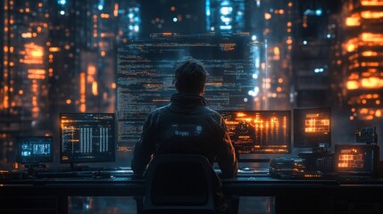 A silhouette of a person in front of multiple screens, set against a vibrant, futuristic cityscape illuminated by colorful lights.