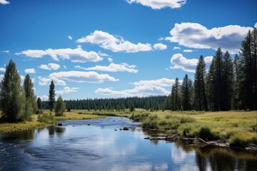Fototapeta premium Explore the Beauty of Sunriver, Oregon: Scenic View of Deschutes River with Evergreen Trees, Blue Skies, and Clouds, Perfect for Outdoor Adventure (3:2)