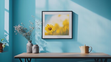 Minimalist interior with framed artwork and sunlight