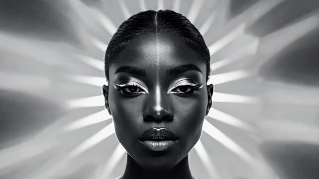 Creative Monochrome Close-Up of a Black Woman Featuring Bold Makeup and Radiant Symmetry. Video Made Using Generative AI