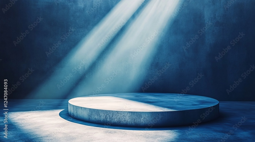 Poster a circular platform illuminated by soft beams of light, set against a textured wall, creating a sere