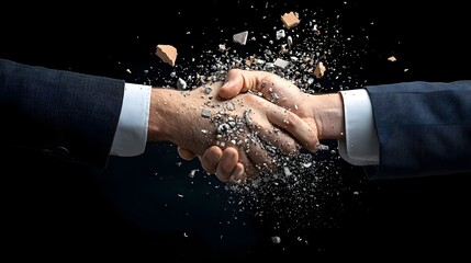 Symbolic handshake breaking apart representing the disruption and challenges faced in business agreements trade conflicts and collaborative partnerships during times of uncertainty and change