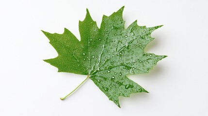 Isolated image of a single green leaf with water droplets on it, perfect for eco-friendly product promotions.