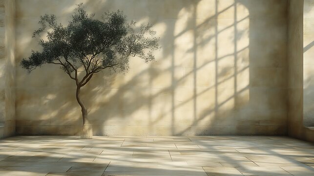 Olive Tree in Sunlit Stone Room Interior