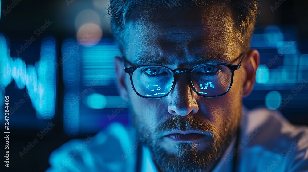 Poster a focused man with glasses stares intently at digital screens displaying data, embodying concentrati