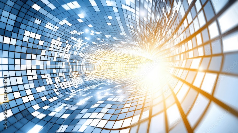 Poster dynamic light burst through a digital mosaic tunnel abstract art illuminated environment futuristic 