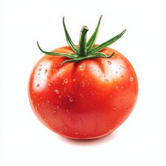 Juicy Red Tomato: A single, ripe red tomato, glistening with water droplets, sits prominently against a clean backdrop. Its vibrant color and perfect form showcase freshness and health. 