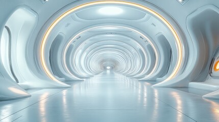 Obraz premium A futuristic, sleek corridor with smooth curves and ambient lighting.