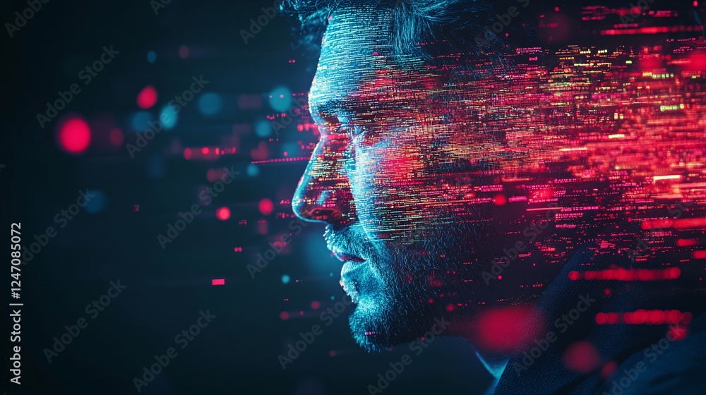 Poster a profile view of a man with digital effects creating a sense of motion, blending colors and lights,